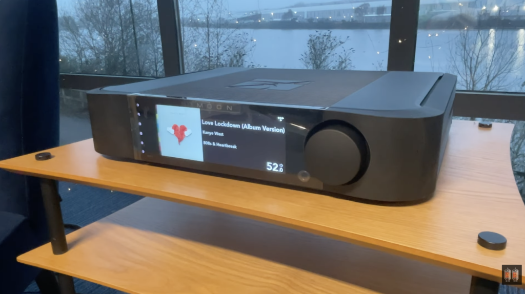 Sim Audio Moon 371 streaming amplifier displaying Kanye West's Love Lockdown on its touchscreen, during a sound quality listening test at Audio Republic Gateshead