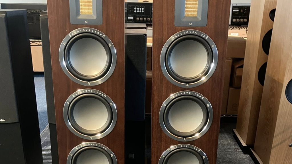 Audiovector QR5 SE floorstanding loudspeakers in walnut finish on display at Audio Republic.