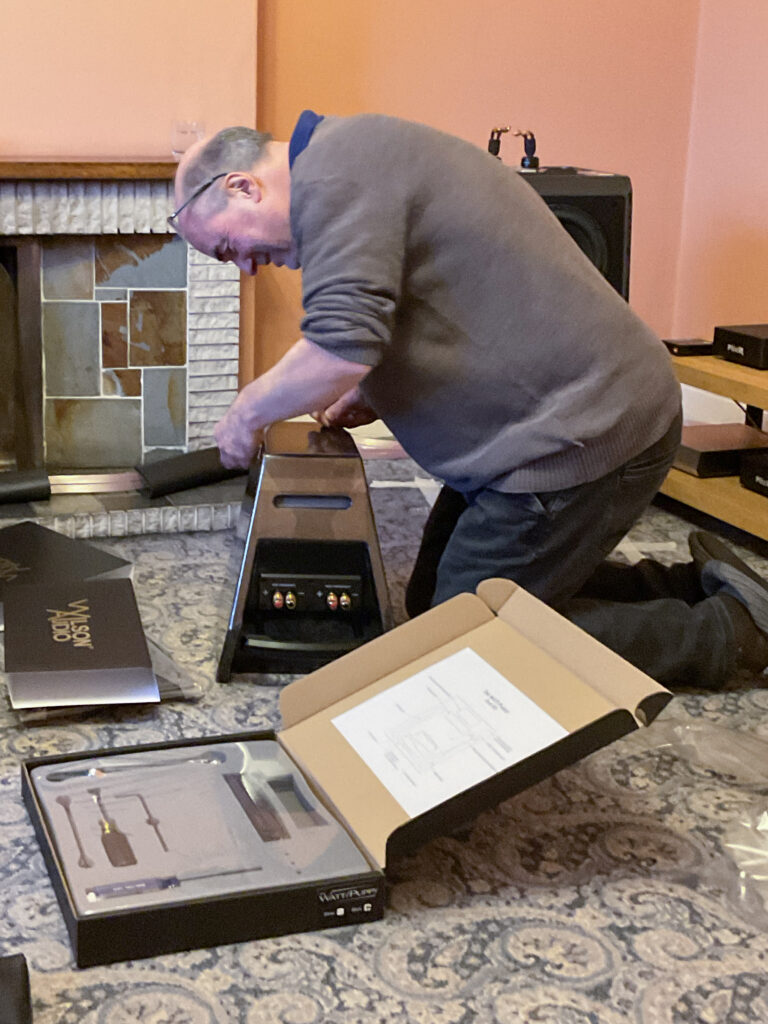 Andrew Oliver assembling Wilson Audio Watt Puppy 40th Anniversary speakers during installation