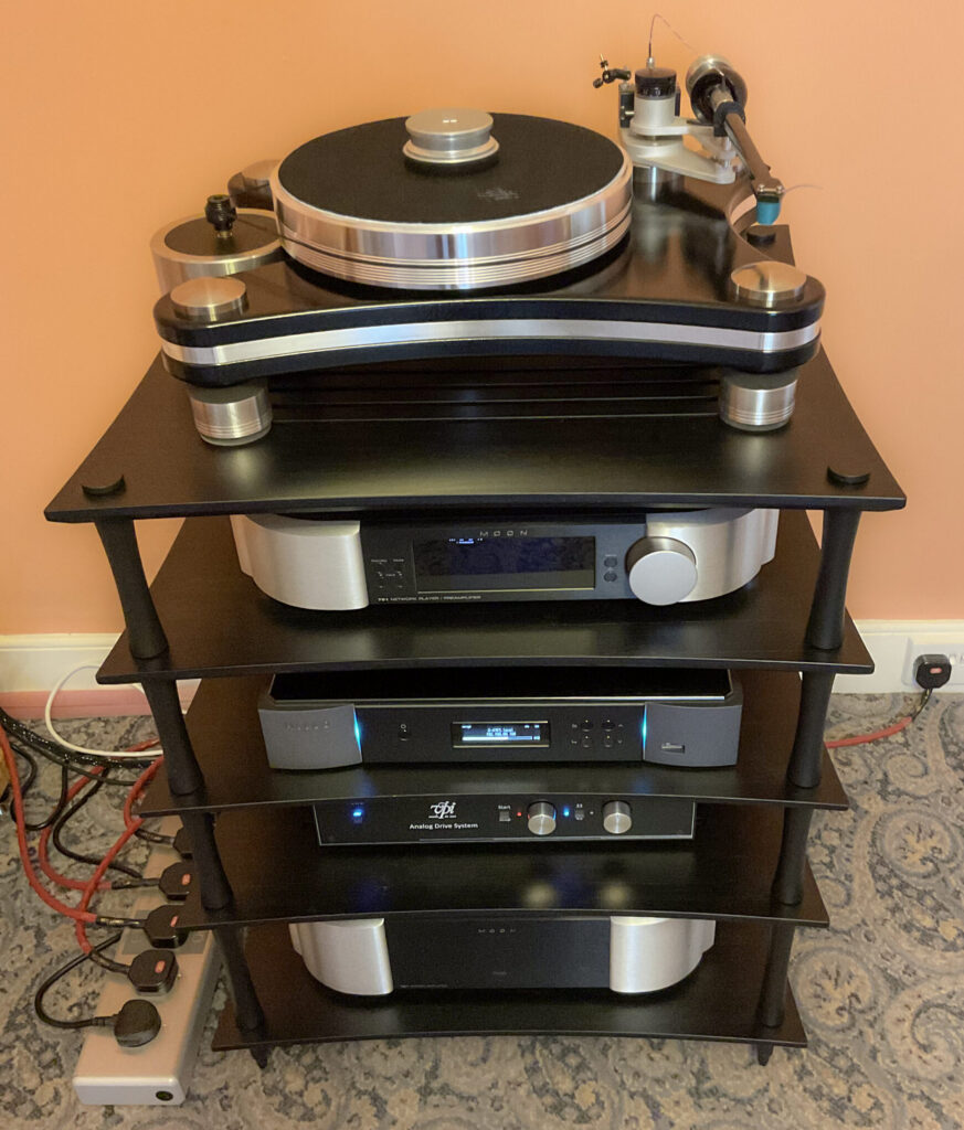VPI Prime Signature turntable and Simaudio Moon electronics on rack during Wilson Audio installation