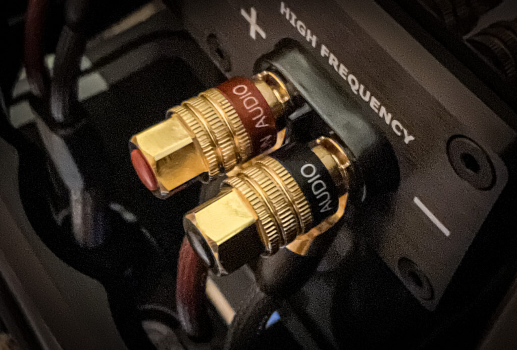 Nordost Heimdall speaker cables connected to Wilson Audio Watt Puppy high frequency binding posts